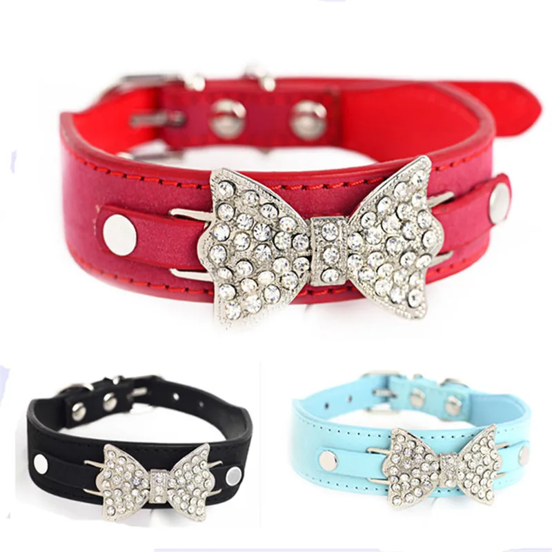 Adjustable PU Leather font b Pet b font Dog Collar WIth Multi Color Selections Fashion Crystal