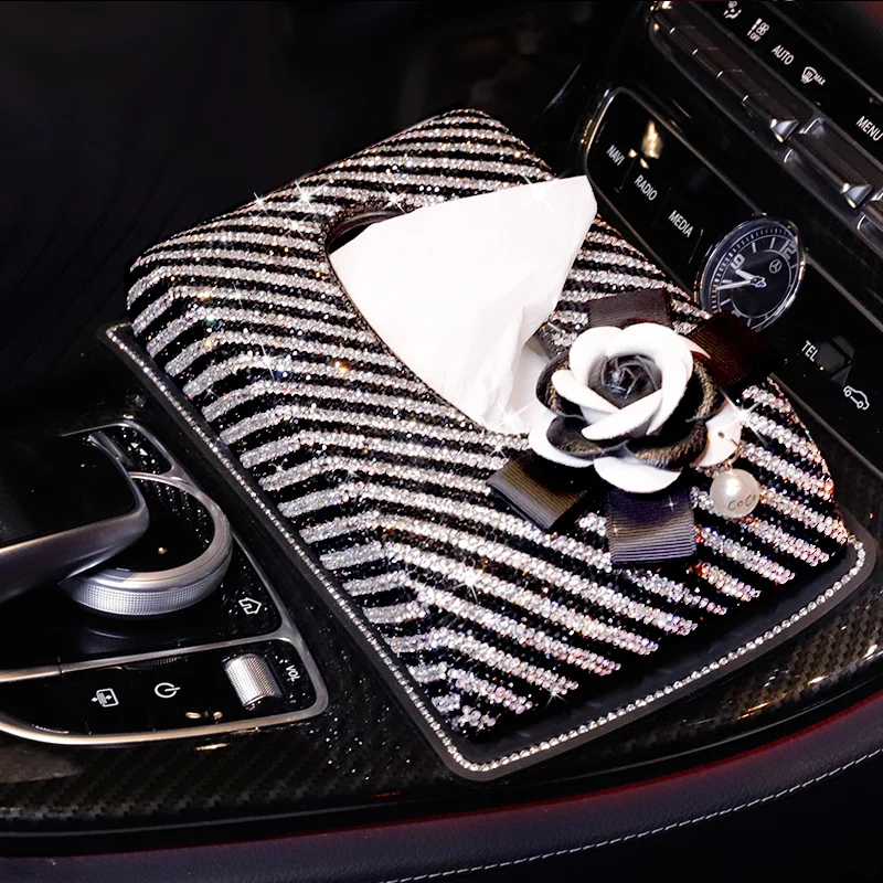 Камелии автомобиль коробка ткани Diamond Crystal Авто роскошные ткани держатель Блок-коробка ткани типа стайлинга автомобилей Diamante Полосатый крышка