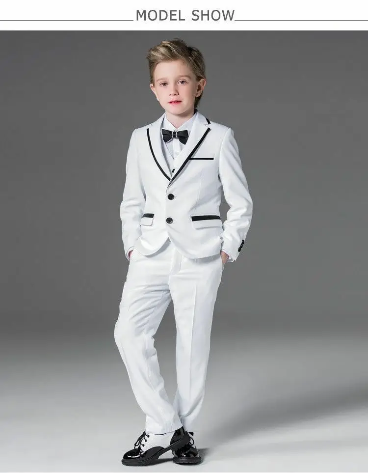 

White Kid Suit Boys Tuxedos Prom Sutis Flower Children Dress Formal Blazer 4 pcs Suits Jacket + vest + pants + bow tie