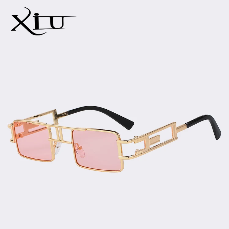 XIU квадратные стимпанк Солнцезащитные очки для мужчин и женщин винтажные солнцезащитные очки фирменный дизайн модные летние очки высшего качества UV400 - Цвет линз: Gold w pink