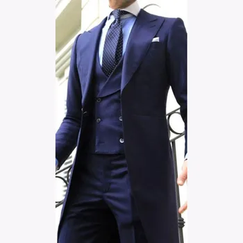 

2018 Navy Blue Double Breasted vest Long tail coat Wedding Suits for Men Peaked Lapel Mens Suit Evening Party Gentlemen Tuxedos