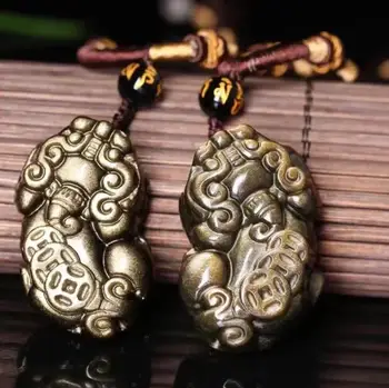 

Natural gold meteorite men and women color eye obsidian three money crystal pendant 037#