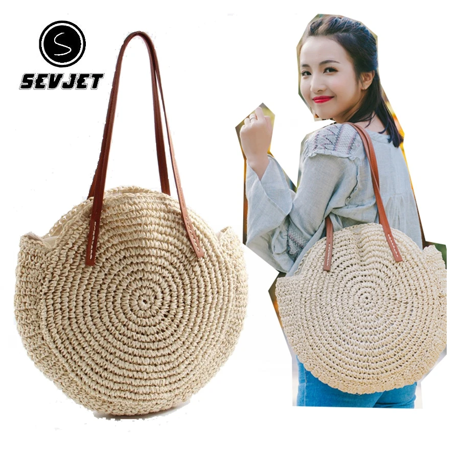 

Summer Straw Beach Bag Vintage Handmade Round Shoulder Bags Raffia Circle Rattan Bags Bohemian Vacation Casual Woven Handbags B1