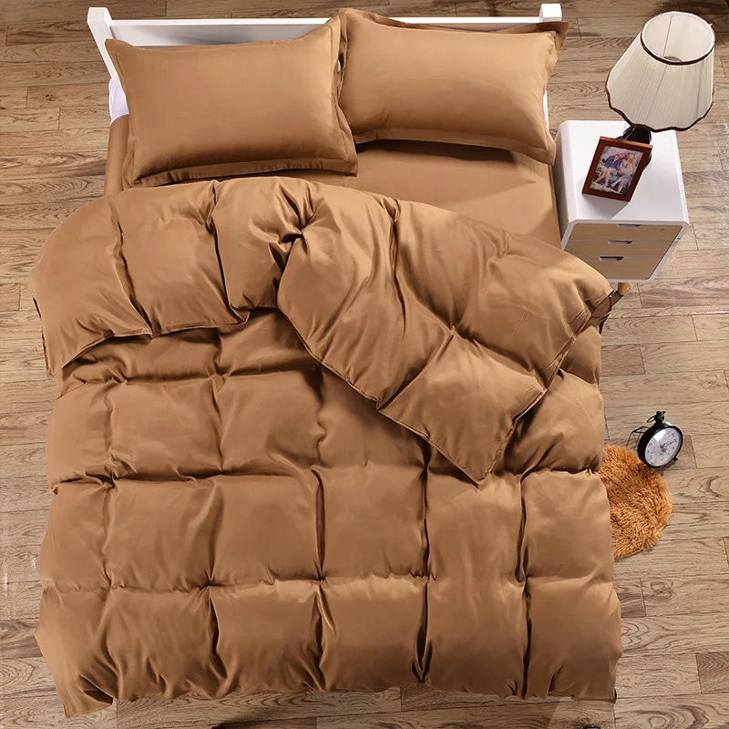 

3-4pcs 100% Polyester Chocolate Color Duvet Cover Sets Solid Color Bedding Sets For Single Double Bed XF354-4