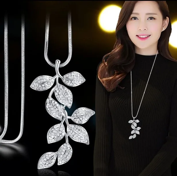 

LWMMD Silver Color Jewelry Crystal Leaf Necklace Sweater Chain Long Necklace wedding Accessories name necklace