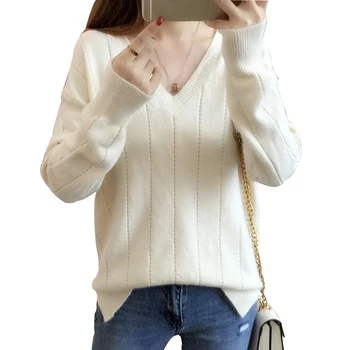 

Rlyaeiz 2018 Autumn Winter Knitted Sweater Women Long Sleeve Loose Pullover V-neck Solid Sweaters Female Casual Solid jumper