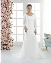 Шифоновое, с кружевами, с бусинами, Русалочка, скромное свадебное платье с длинным рукавом, v-образный вырез, женское летнее LDS рукава