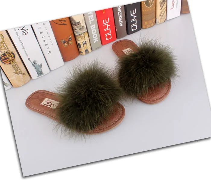 Всесезонные женские домашние тапочки; страусиное меховое покрытие из натуральной кожи; модные мягкие плюшевые туфли с открытым носком высокого качества