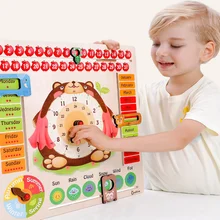 Детские часы с календарем, Обучающие деревянные игрушки, мультяшный медведь, время, Когнитивная доска, Погодный календарь, часы для детей, обучающие игрушки