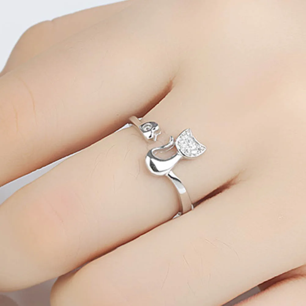 

2017 Party Jewelry Delicate Rose Gold Silver Tone Lovely Cat Shape Clear Crystal Inlaid Women Girl Opening Ring