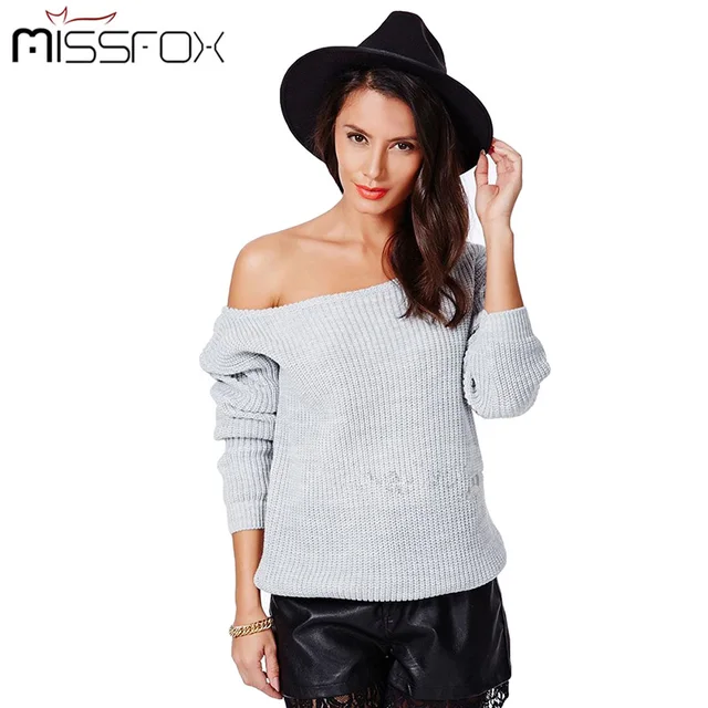MissFox 2016 Brand New Fashion Women Knitted Sweater Full Sleeve Solid Sweater Off Shoulder Design Sexy Pullover Sweaters