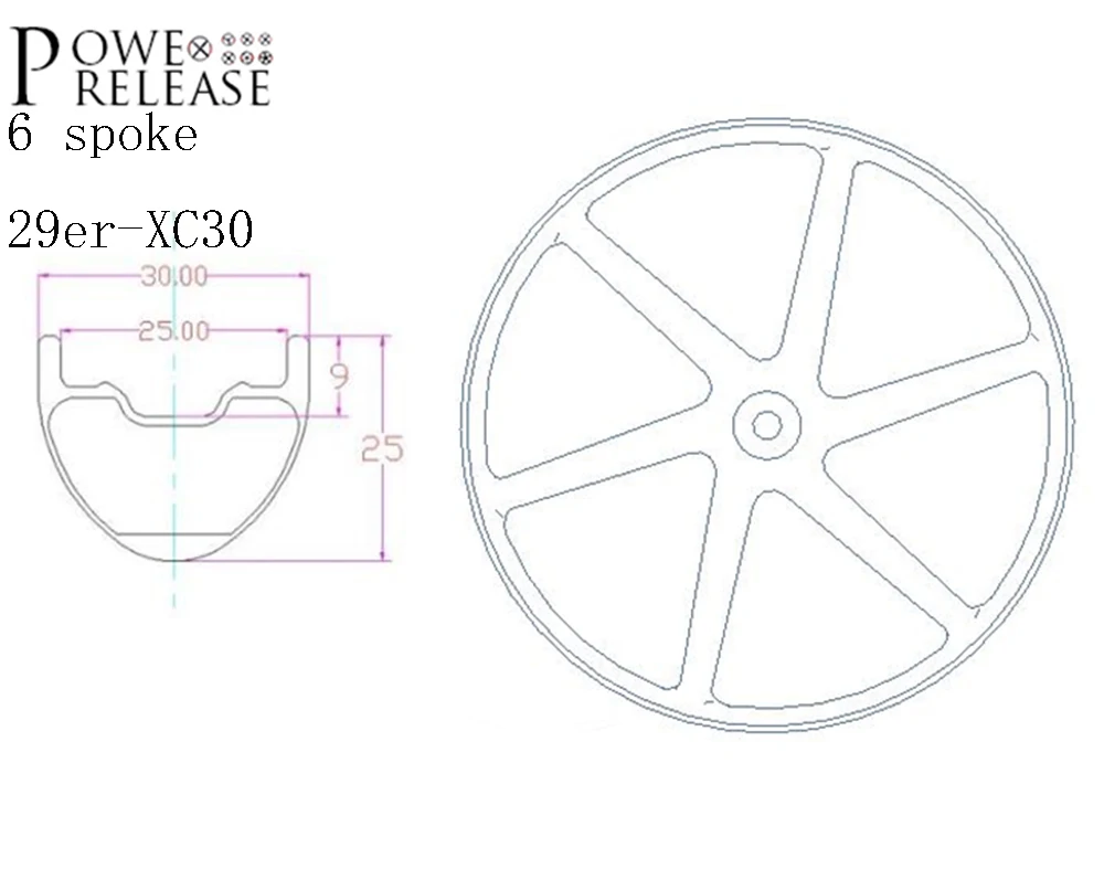 Powerelease 6 спиц 29er hookless Углеродные колеса Горный велосипед колеса mtb 29 дюймов обод 2" колесная 30 мм клинчер шесть спиц диски