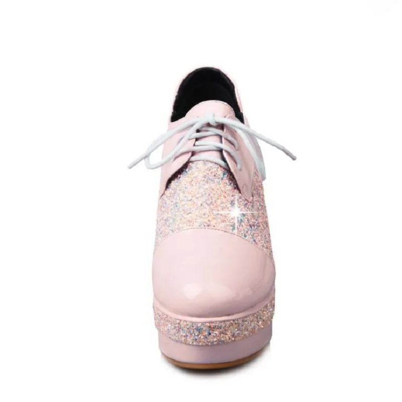 32 ~ 48 Bling Sequined тканевые туфли 2019 клинья черный розовый обувь на платформе женская