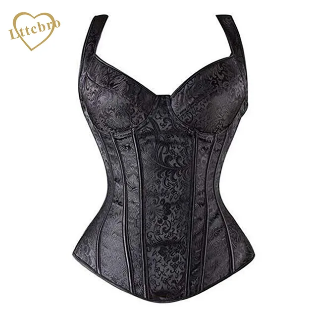 Corset Women Gothic Jacquard Shoulder Straps Tank Overbust Corset Bustiers Black Corsets White