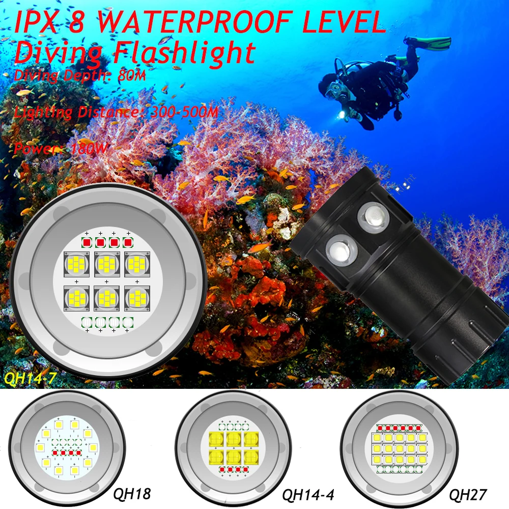 

50000Lumens QH14/QH18/QH27 Waterproof IPX8 White/Red/Blue LED Diving Light Flashlight LED Photography Video Scuba Light Torch