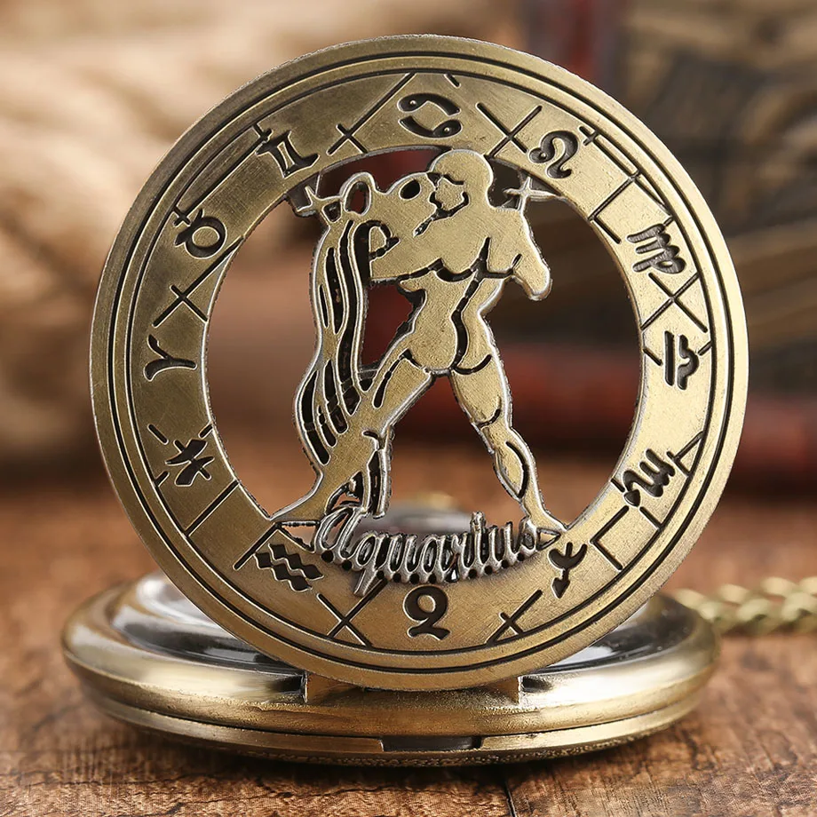 Fashion New 12 Constellation Aquarius Pocket Watch Retro Old American Flip Cover Children Students Hanging Pendant Quartz Watch (10)