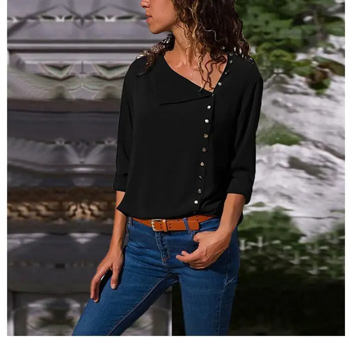 Irregular Skew Collar Button Blouse Shirt Women Casual Woven Chiffon Ladies Long Sleeve Womens Tops and Blouses Female Shirt