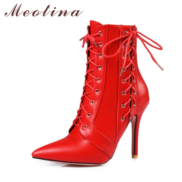 meotina women winter red boots high heel boots lace up mid calf red heels size 11