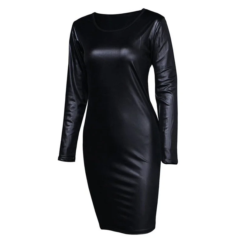 Женское сексуальное черное платье ПВХ мокрого вида миди виниловая кожаная облегающая Клубная одежда M-XXL
