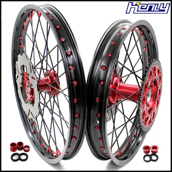 

21/19 Complete MX Wheels Set For HONDA CRF250R 2004-2013 CRF450R 2002-2012 Red Nipple Black Spoke Discs