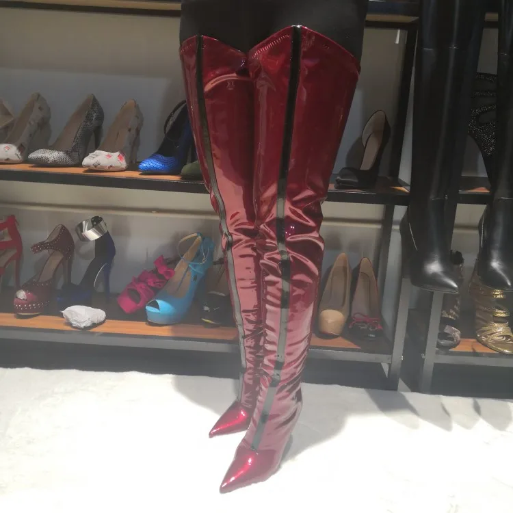 Olomm/новые женские зимние сапоги выше колена сапоги на шпильках пикантная обувь для вечеринок с острым носком винно-красного цвета женская обувь, большие американские размеры 5-15