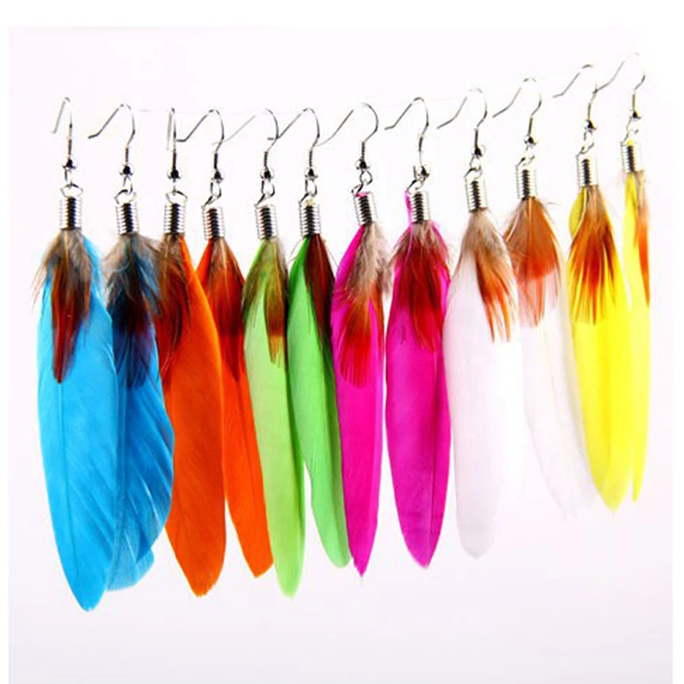 

Hot Selling 2018 Summer Style Fashion Ethnic Colorful Feather Earrings 12 Colors EAR-0112