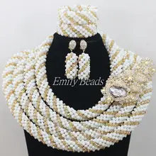 Шампанское золото Бусы из кристаллов из Нигерии ожерелье браслет серьги комплект ювелирных изделий в африканском стиле; белая свадебная Бусины Ювелирные наборы AIJ242