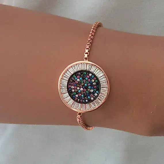 Chaîne réglable en or rose pour femme, pavé multicolore, pierre CZ étendue, forme ronde, mode fille élégante, joli bracelet