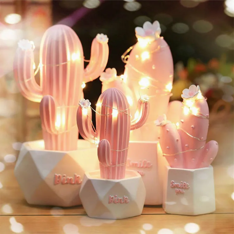 

Ins Cactus LED Table Lamp Creative Pink Cute Girl Dream Star Night Light Bedroom Bedside Decoration Resin Desk Lamps Kids Gift