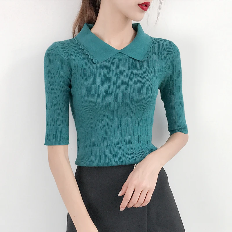 

2019 new autumn Korean female loose short sleeved sweater slim sleeve head silk coat bottoming sweaters in summer