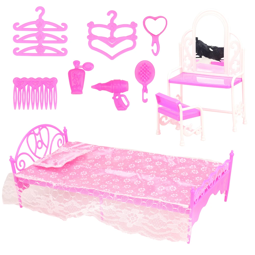 

Fashion handmade 33 Items/Lot Kids Toys =20 Dress Random+13 Dollhouse accessories Furniture Bed For Barbie DIY Dressing Game