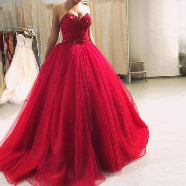 

Real Customized Long Prom Party Gowns Sweetheart Beaded Bodice Tulle Ball Gown Red Prom Dress 2019