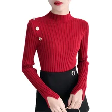 Red Knit Sweater Women Chic Korean Autumn Winter Turtleneck Basic Shirt Button Pullover Slim Long Sleeve Knitwear Solid Color