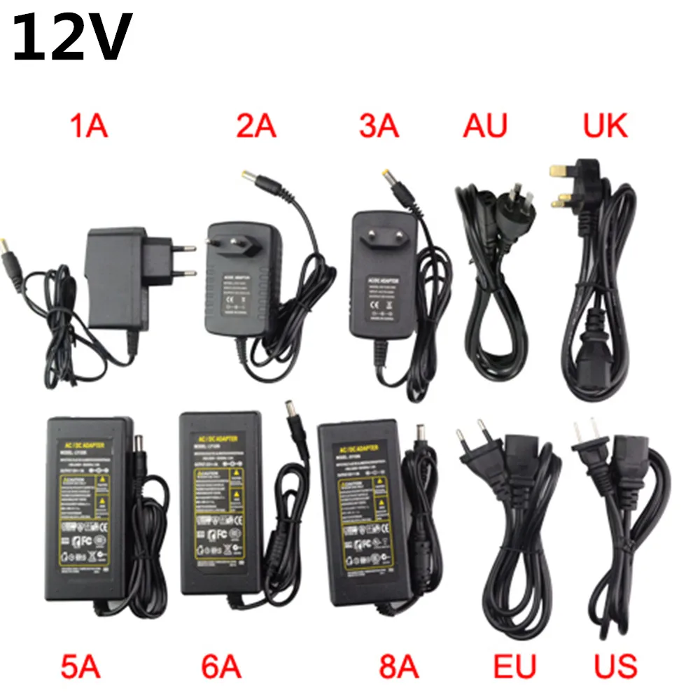 2A 3A 5A 6A 8A светодиодный Питание адаптер переменного тока 110 В 220 к DC 12V Светодиодный драйвер для 5050 3528 3014 5630 Светодиодные ленты стандарта ЕС, США, Великобритании AU US розетка