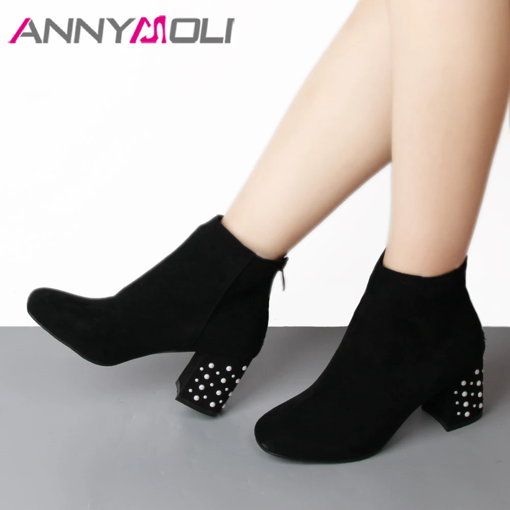 

ANNYMOLI Thick High Heel Ankle Boots For Women Winter Boots Beaded Short Boots Autumn Female Shoes Zipper Black Large Size 33-46
