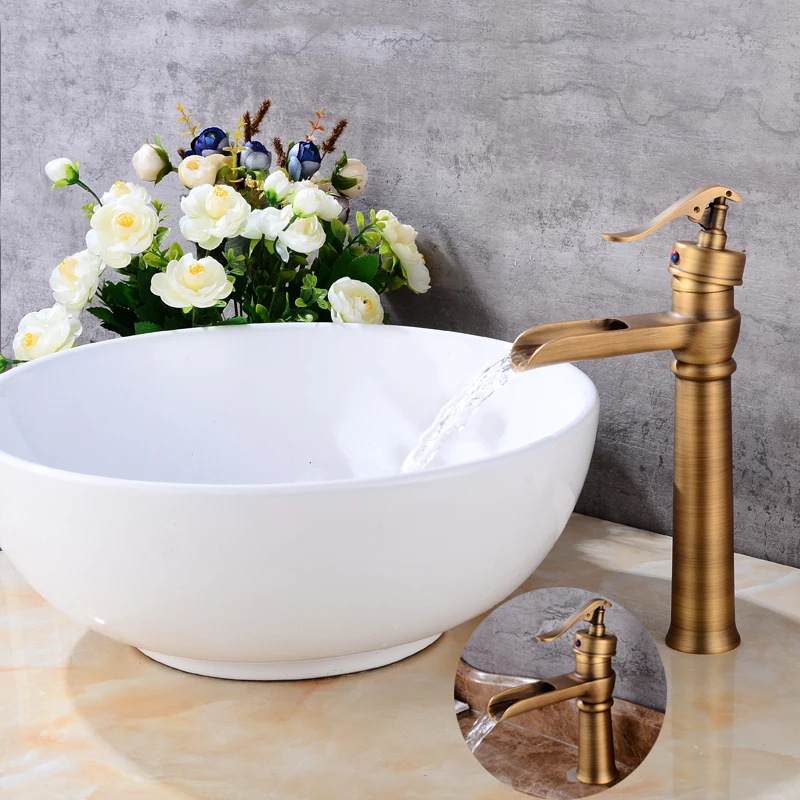 Basin Faucets Antique Brass Waterfall Bathroom vessel Sink Faucet Single Handle Hole Deck Wash
