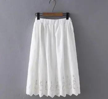 

2019 Vintage Women White Embroidery Lace Skirts Summer Fashion Solid Cotton Hollow Out A-Line Skirts