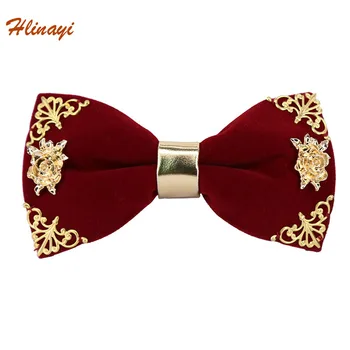 

Hlinayi 2019 Bridegroom velvet tie Male Nordic gold leaf wedding fashion British and Korean version of best man bow
