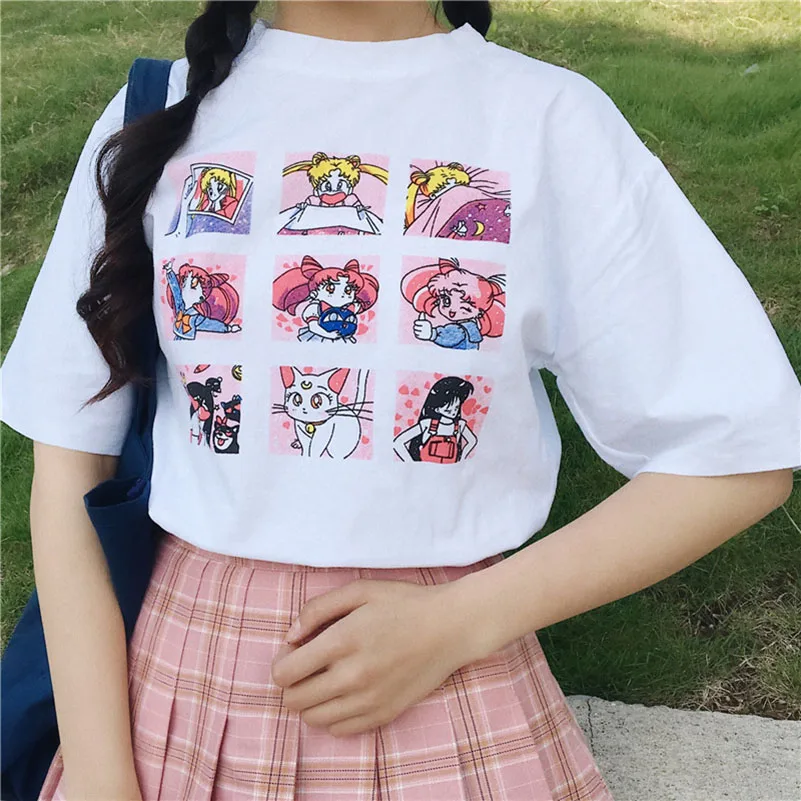Kawaii T Shirt Summer Women Tops 2018 Harajuku Sweet Print Sailor Moon Loose Short Sleeve Plus Size Tee Shirt Femme +-