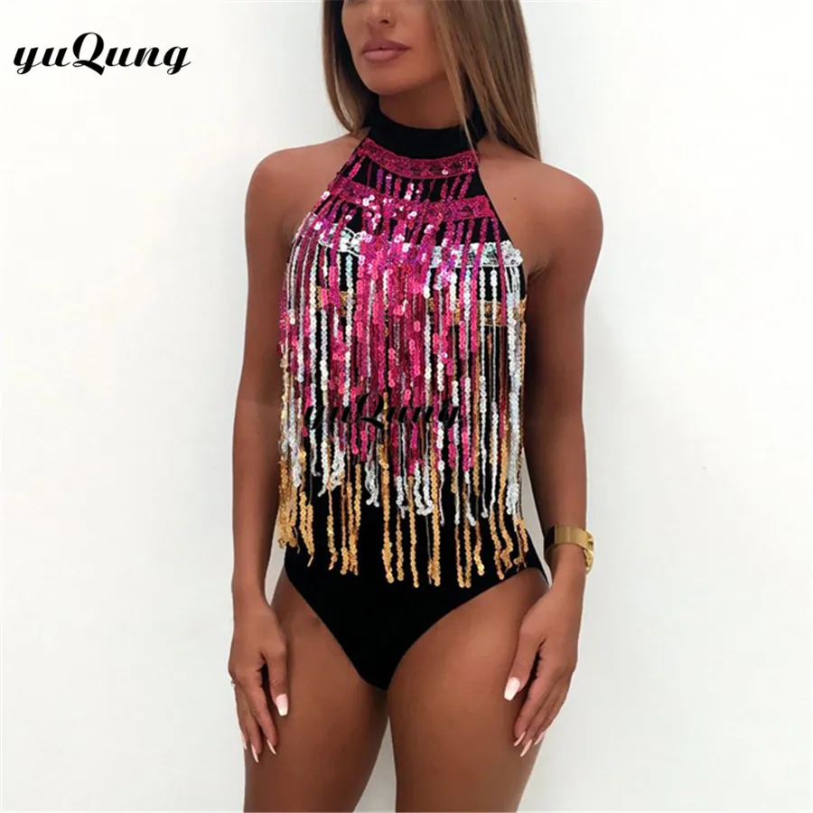 yuqung Sexy color sequin tassel Bodysuit Women Jumpers and Rompers Club