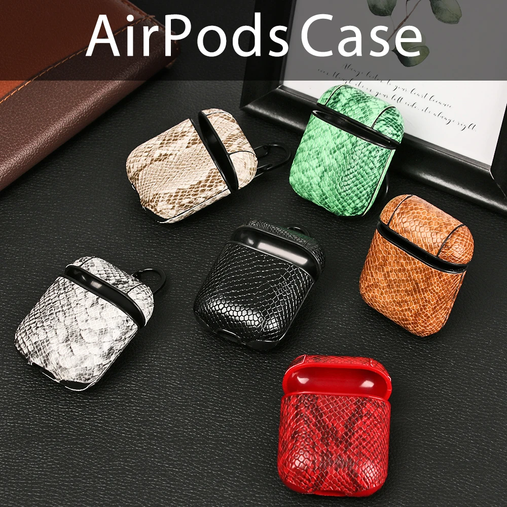 

New Coming Snake Print Leather Cover Skin Case Protective For Apple AirPods Earphones Anti-lost Wire with Hooks Soft Coque
