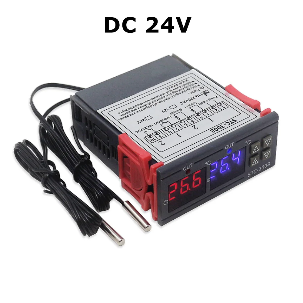 DC 24V STC-3008 KT99 двойной цифровой Температура контроллер два реле Выход 12V 24V 220V терморегулятор Термостат с нагревателем охладитель - Цвет: DC 24V