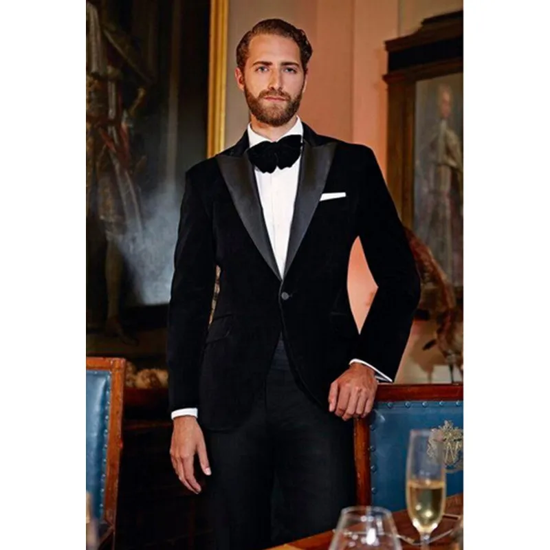 Peak Lapel Black Velour Blazer Fit Men Suit Men Velvet Casual Jacket