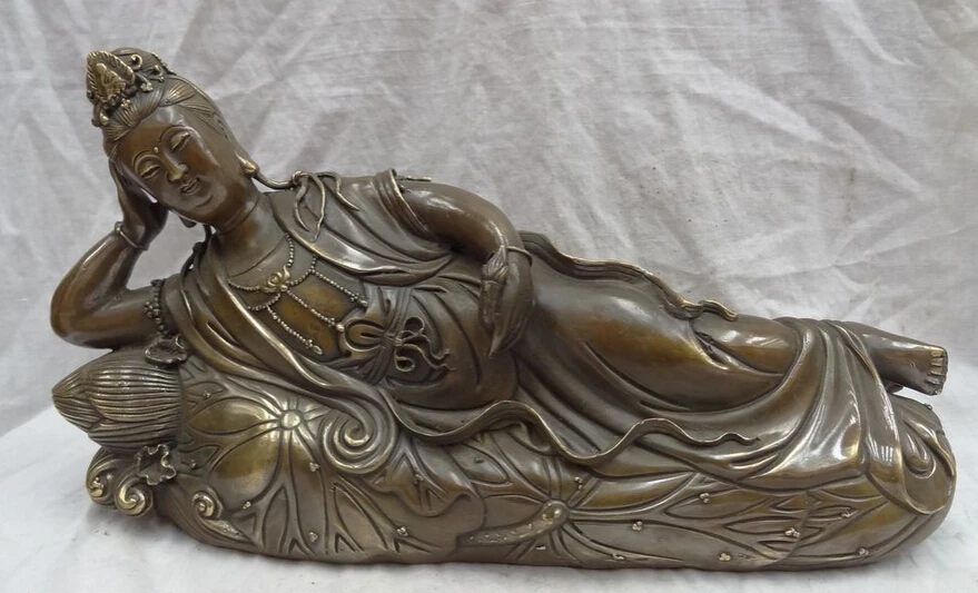 

fast shipping USPS to USA S1300 16" Chinese Bronze Buddhism Joss Sleeping Kwan-Yin GuanYin Statue On Lotus Leaf