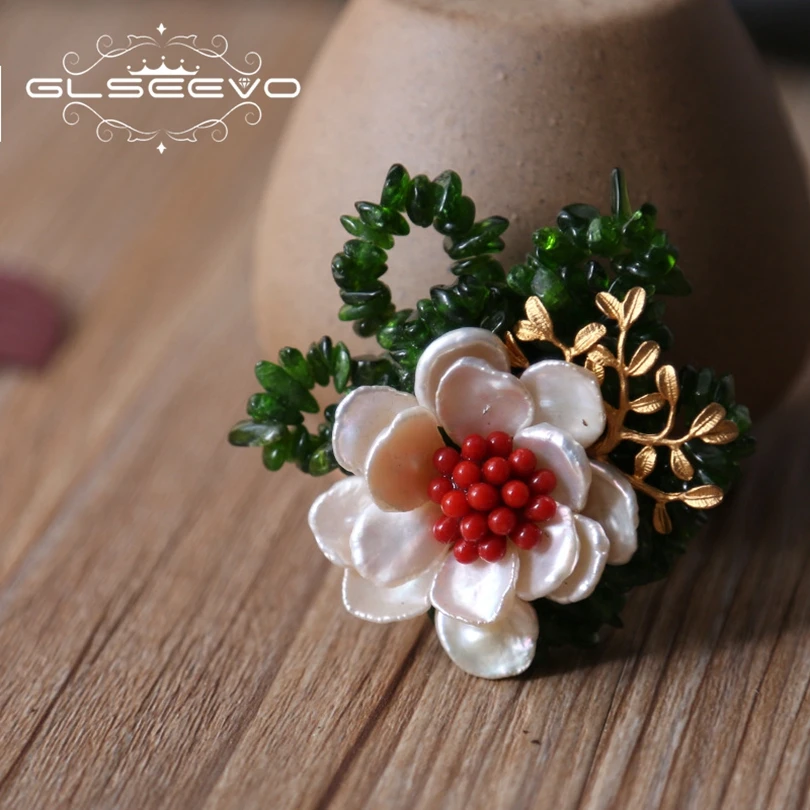 

GLSEEVO Natural Fresh Water Baroque Pearl Flower Brooch Pin Natural Diopside Stone Brooches For Women Dual Use Jewelry GO0168