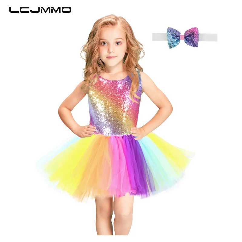 

LCJMMO Princess Girls Dress Rainbow Sequined Bow Summer Baby Girl Birthday Party Dresses Christmas Costume Girls Clothes 2-8Y