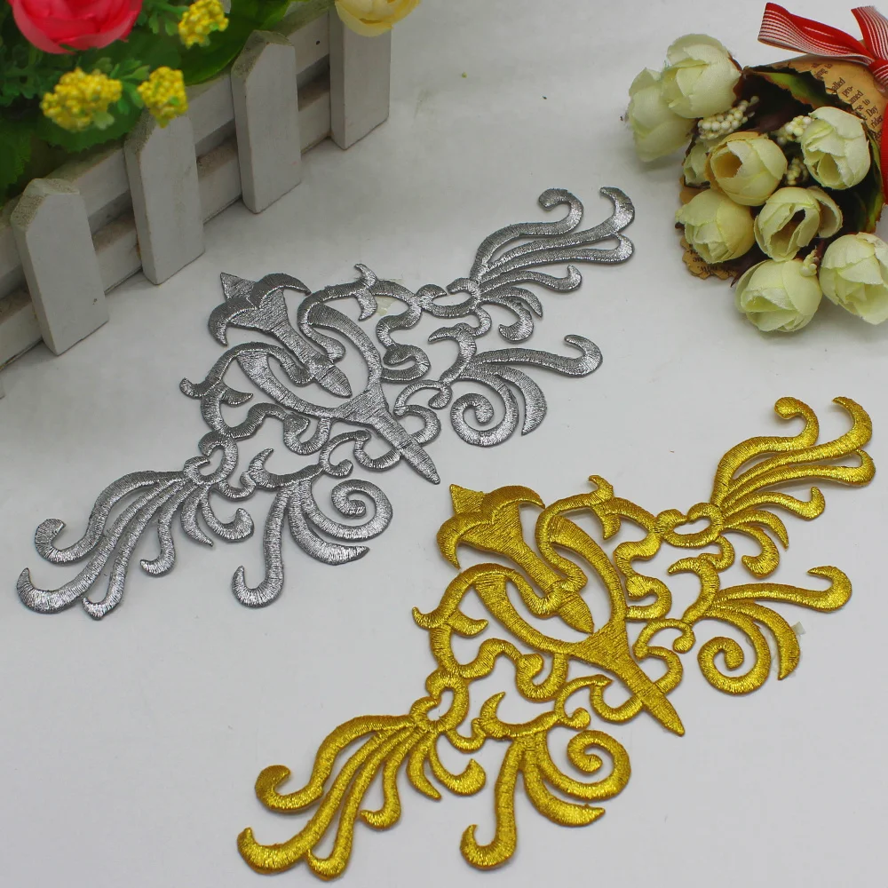 

YACKALASI Iron On Patches 5 Pcs/Lot Gold Appliqued Cosplay Lace Diy Embroidery Flower Trims 20*9.5cm