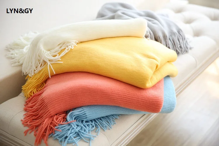 New USA Style Cashmere Like Knitted Throw Blanket with tassel Shawl scarf Bed Sofa Cover Solid