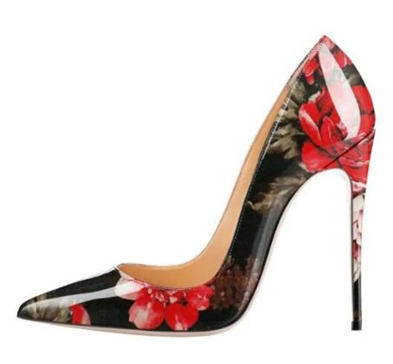 

2019 Women Floral Pumps 8.5/10/12CM Stiletto High Heel Patent leather Wedding Dress Shoes Pointed Toe Slip-on Pumps