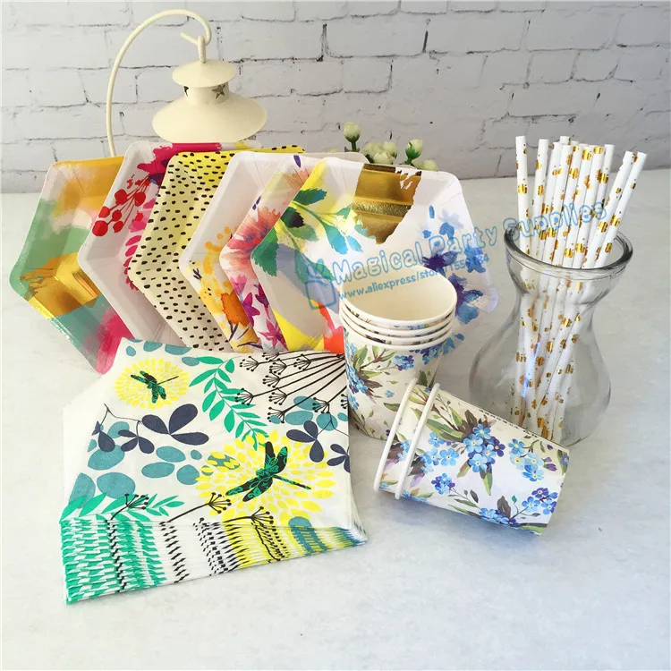 

12sets Floral Paper Party Tableware Cake Dessert Plates Flower Paper Cups Paper Straws Buffet Table Napkins Garden Party Decor